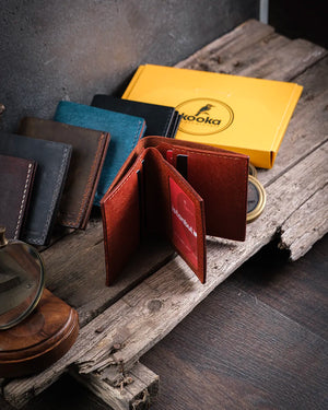 Cepheden iç tasarımı orta kısımda ekstra sayfa şeklinde bölmeli Azur pueblo deri cüzdan, Kooka Leather el dikişi