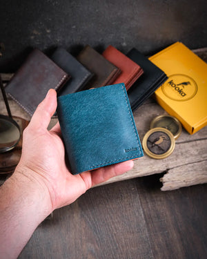 Vintage aksesuarlar arasında elde tutulan kapalı mavi turuncu pueblo deri Azur erkek cüzdan kompakt tasarımı, Kooka Leather el işçiliği