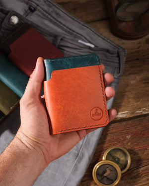 Turuncu mavi pueblo deri minimalist cüzdan tek elde kolayca kavranıyor, kompakt dikey bifold tasarım, Kooka Leather OZN
